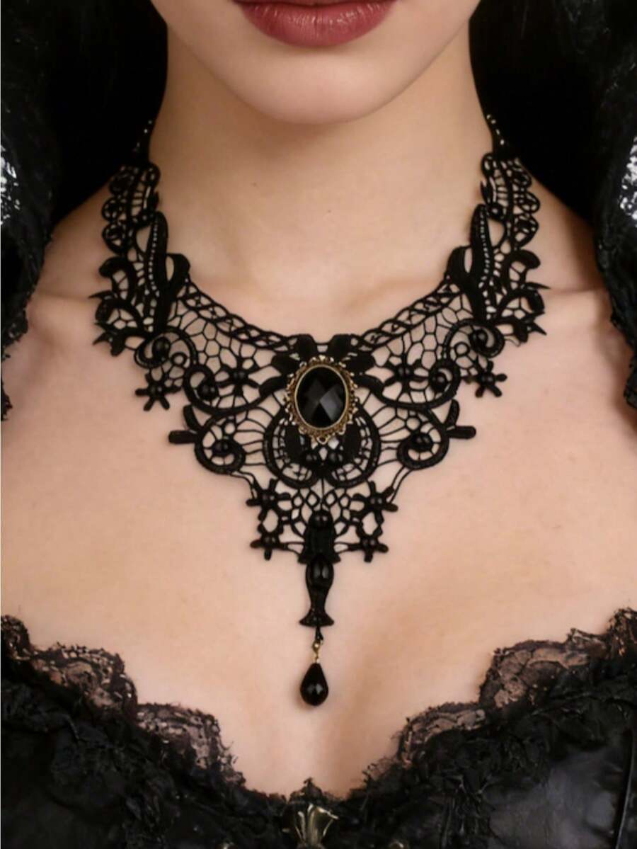 Gothic Style Lace Choker Necklace, Exaggerated Design Women Black Collar Necklace - Picture Color - View 1