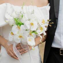 白色马蹄莲新娘捧花、伴娘捧花、人造花婚礼教堂装饰、婚礼派对摄影道具、新娘配饰、夏季、海滩 - 白色A01 - 查看 4