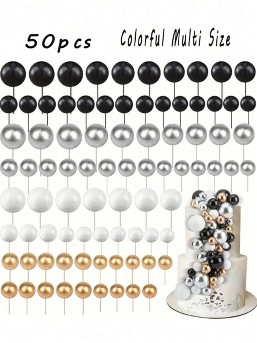 Colorful Spherical Cake Decorations, Foam Ball Cake Decorations, Spherical Cake Inserts Decorative Balls, Baking Decorations For Weddings, Anniversaries, Birthdays, Christmas, Halloween, Thanksgiving (Black, Silver, White, Gold) - DIY Cake Decorating Supplies - Multicolor - View 1