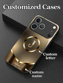 1pc Customizable Champagne Gold Rhinestone Letter Design Tempered Glass Phone Case, Compatible With IPhone 17 ProMax/17 Air/15/16 Pro/14 Plus/13 Pro/12 Pro Max/11/Xs Max/8/7/6 Plus, S24 Ultra/S25 Ultra, Compatible With Redmi NOTE13/14, Compatible With Redmi K40, Mi 11, Fashionable Business Custom, Best Gift For Family, Colleagues, Friends,International Version, Not The Domestic Version - Black - View 4