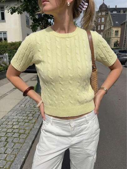Spring/Summer New Solid Color Asymmetrical Striped Textured Vintage Style Layered Design Unisex Short Sleeve Knit Top