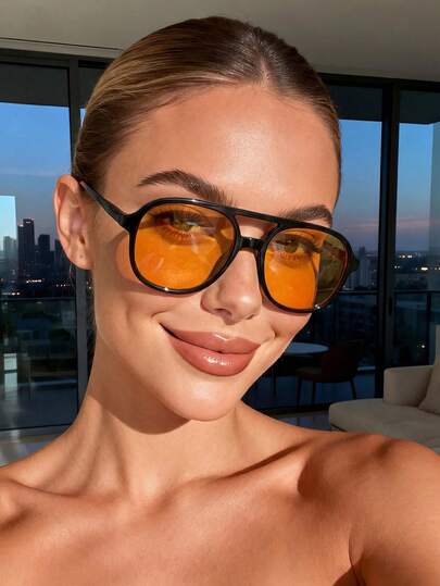 1 Pair Unisex Orange Retro Aviator Frame Fashion Glasses, Essential For Women's Summer Beach Vacation And Outdoor Travel, Suitable For Vacation, Beach, Travel