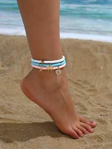 Set de 3 piezas de tobillera con colgante de cerámica con incrustaciones de mariposa y estrella de estilo bohemio, elegante, sexy, dulce y versátil, adecuado para atuendos casuales diarios, fiestas, festivales de música y vacaciones en la playa de las mujeres - Multicolor - Ver 1