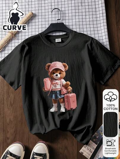 2026夏季加大码女式休闲棉质小熊印花短袖上衣，面料柔软，复古街头风，灵感源自东方美学，100%优质棉。2026复活节短袖T恤，返校灵感，开学第一天必备单品，黑色。