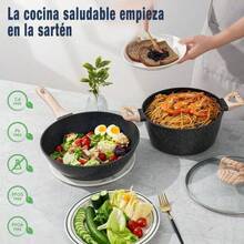 Trench Juego de utensilios de cocina antiadherentes de aluminio fundido de 16 piezas,Incluye sartén, olla, sartenes para desayuno/crepes y utensilios de silicona,apto para cocinas de gas e inducción, aptas para acampar al aire libre, picnic, viajes, un juego de ollas y sartenes antiadherentes, wok, apilables, herramientas de cocina - Negro - Ver 6