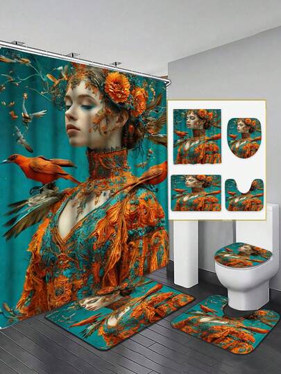 Vintage Luxurious Bathroom Set - Combination Of Orange And Mint Green Tones, Intricate Details And Natural Elements, Includes Shower Curtain, Bath Mat, Toilet Seat Cover And Non-Slip Bathroom Mat, Infusing Luxurious Artistic Style Into The Bathroom