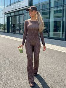 Women's 2 Piece Casual Outfits Long Sleeve O Neck Dot Print Tops Flared Pants Sets - Marrón - Ver 3