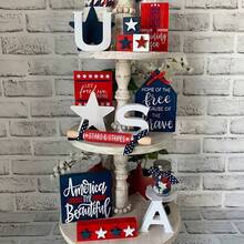 4th Of July Patriotic Wooden Tiered Tray Decor Set - Red White Blue Rustic Farmhouse Decor For Independence Day Memorial Day Home Table Porch Indoor Outdoor - F - 查看 1