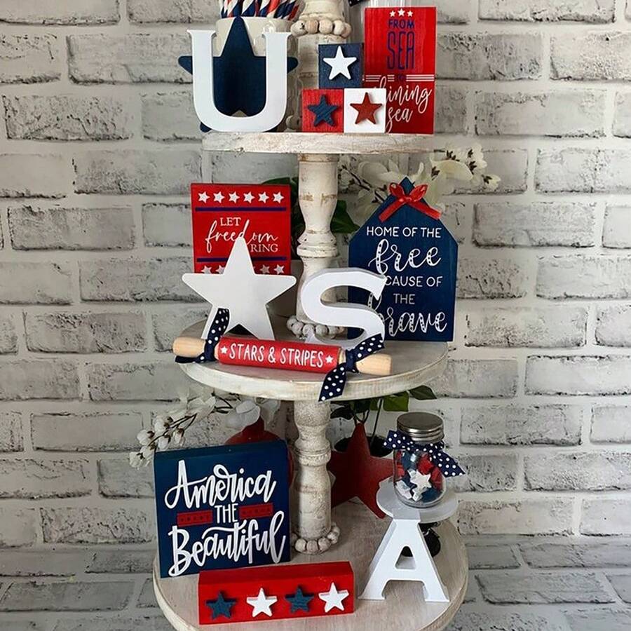 4th Of July Patriotic Wooden Tiered Tray Decor Set - Red White Blue Rustic Farmhouse Decor For Independence Day Memorial Day Home Table Porch Indoor Outdoor - F - 查看 1