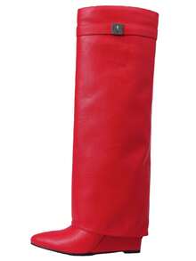 Women's Fold Over Shark Boots Pointy Pull-On Wide Calf Boots Shark Padlock Nightclub Elegant Luxury Fashion WInter Fall Shoes - 紅色 - 查看 6