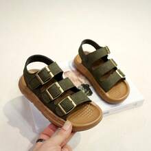 1双可调节绑带露趾儿童凉鞋，轻便防滑，休闲沙滩凉鞋，男女童均适用，夏季款 - 軍綠色 - 查看 4