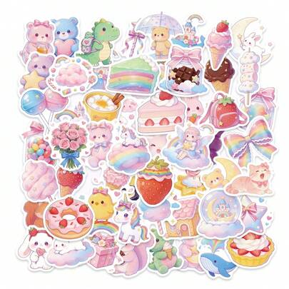 56张梦幻粉彩甜美贴纸 - 防水乙烯基材质，包含可爱甜点、动物和彩虹图案，适用于笔记本电脑、水瓶、行李箱和记事本，为个人饰品增添柔和甜美的气息，打造温馨的DIY装饰。