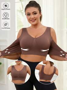 1pc Seamless Wireless Lift & Support Front Closure Adjustable Comfortable Side Gather Yoga Bra, Wireless Cup Sports Bra For Plus Size Women Spring - Brown - View 3
