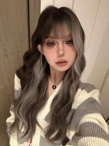28英寸挑染灰色长波浪假发，女士款 - 优雅蓬松中分卷发假发，丝质合成耐热纤维假发，适合日常佩戴、音乐节和斋月期间打造迷人造型，母亲节礼物 - 假发配件（不含配件） - 挑染灰色 - 查看 1