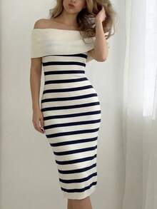 Sexy Off-Shoulder Collared Contrast Striped Bodycon Knit Dress, Slim Fit, Spring/Summer - Blue - View 1