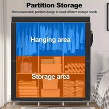 LARGE FABRIC CANVAS WARDROBE SHELVING CLOTHES STORAGE CUPBOARD WITH HANGING RAIL - Gray - View 2