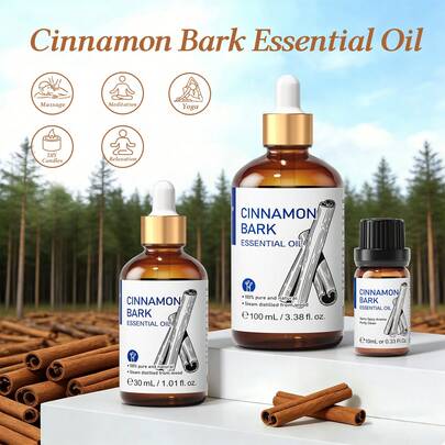  HIQILI 肉桂皮精油，辛香木质调，100毫升/30毫升/10毫升，适用于按摩、提神醒脑、冥想、DIY蜡烛、香薰机、加湿器等，适用于家庭、汽车、酒店、办公室、卧室等场所。