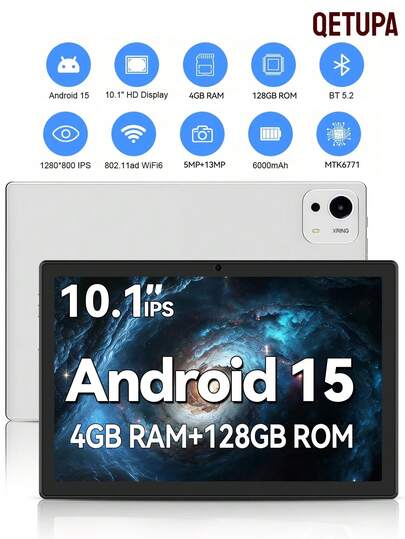 Qetupa 10.1英寸A29安卓15平板电脑，MTK 6771四核2.0GHz处理器，4GB运行内存，128GB机身存储，1280*800 IPS触控屏，500万像素+1300万像素双摄像头，6000mAh电池，支持802.11ac Wi-Fi 5和蓝牙5.2，不支持SIM卡，可用于阅读和游戏。轻巧耐用的设计和铝硅酸盐玻璃材质的强化玻璃，让您随时随地畅享娱乐。