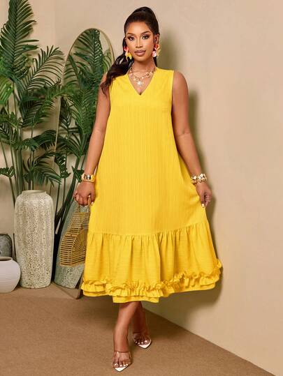 BIUBIU Elegant Yellow Ruffle Hem Midi Dress - Plus Size V Neck Sleeveless Dress For Summer Vacation & Going Out
