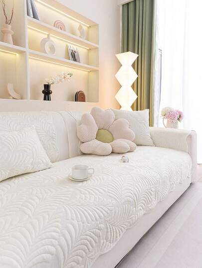 1pc Ice Silk Sofa Cushion Cover, Leaf Jacquard Pattern, Cooling & Breathable Fabric, 3D Jacquard Star Pattern, Machine/Hand Washable, Modern Minimalist Anti-Slip Sofa Slipcover Suitable For L-Shaped And 1-4 Seat Sofas, Ramadan Home Decor