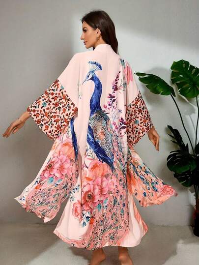 Oversized Retro Bohemian Peacock Print Long Kimono Cover Up, Loose Casual Belted Robe, Lightweight Summer Beach Cover Up, Swimsuit Wrap Vacation Spring