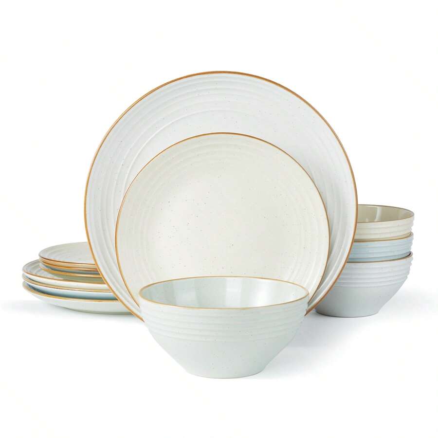 Richmount Dinnerware Set For 4 People, Stoneware Dinnerware Set With Speckled And Ribbed Pattern, Complete With Plates And Cereal Bowls, Dishwasher And Microwave, Scratch Resistant - 彩色 - 查看 1