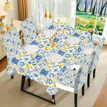 1/4/5/6/7/36pcs Simple Style Yellow Lemon, Light-Colored Floral Tile Pattern Print Chair Cover/Seat Cushion Set, Suitable For Indoor Home, Dining Room, Hotel, Ideal Choice For Modern Daily Decor. Tablecloth Fits Square Dining Table, Elastic Chair Covers Are Washable. - Multicolor - View 2