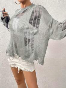 2025 New Loose Hollow Out Vacation Long Sleeve Knit Pullover Sweater For Women - Grey - View 5