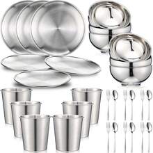 30 Pcs 304 Stainless Steel Dinner Set Stainless Steel Plates And Bowls Include Plates Bowls Cups Forks Spoons Utensil Reusable Metal Camping Dinnerware Tableware For Home Picnic Kitchen(Silver) - Silver - View 1