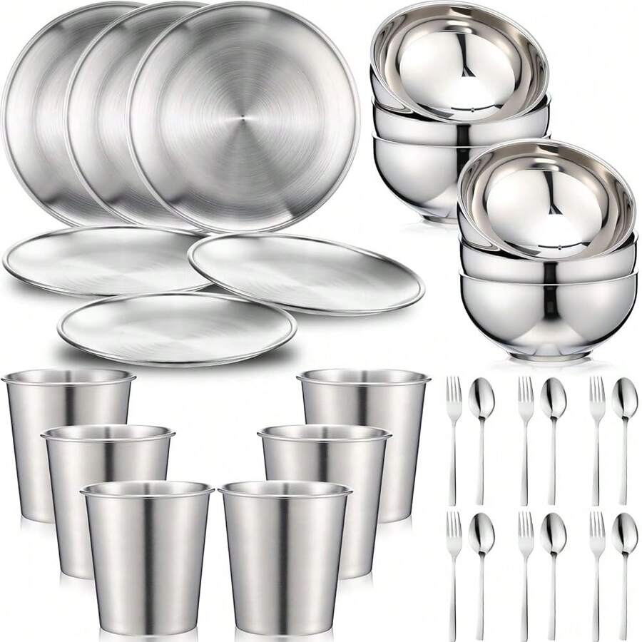 30 Pcs 304 Stainless Steel Dinner Set Stainless Steel Plates And Bowls Include Plates Bowls Cups Forks Spoons Utensil Reusable Metal Camping Dinnerware Tableware For Home Picnic Kitchen(Silver) - Silver - View 1