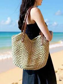 1个女士夏季草编包，时尚纯色，度假沙滩包，简约复古大容量单肩手提水桶包 - 米色 - 查看 5