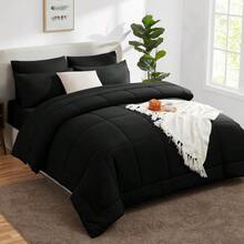 Queen Comforter Set Black, 7 Pieces Bed In A Bag, Black Comforter Queen Size, All Season Bedding Sets With Stitch Quilted Comforter, Flat Sheet, Fitted Sheet, Pillowcases - BlackQueen - View 7