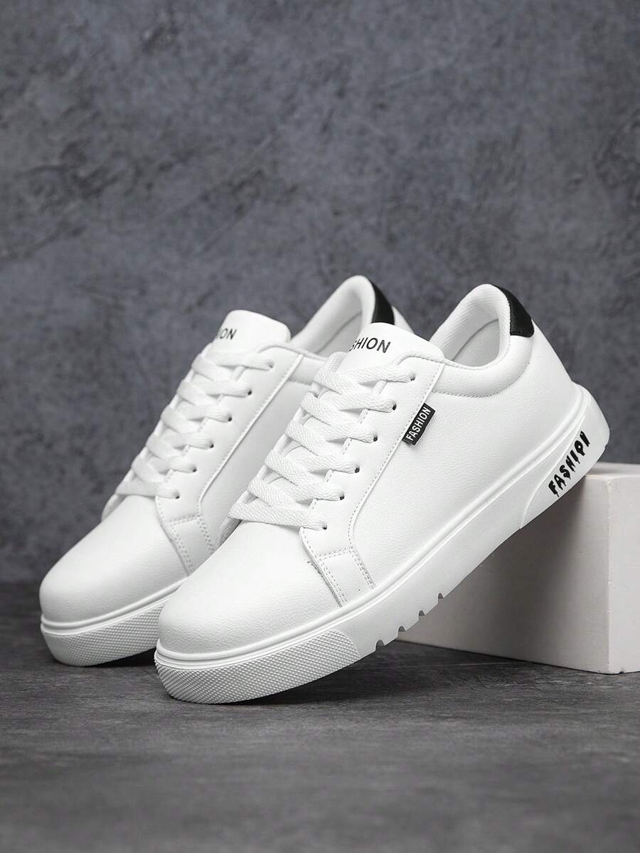 Sepatu Sneakers Kasual Pria dengan Logo Kontras Huruf Warna Solid, Sepatu Outdoor Datar Sederhana dan Serbaguna, Sepatu Kerja, Sepatu Pelajar