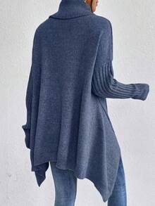 Women's New Arrivals For Early Spring 2026 Oversized Turtleneck Sweater Asymmetric Hem Turtleneck Top Relaxed-Fit Ribbed-Sleeve Turtleneck Casual Turtleneck Pullover With Dropped Shoulders Loose Turtleneck Sweater For Daily Wear  Sweaters For Women Long Sleeve Tops Women - Màu xanh lam - Xem 5