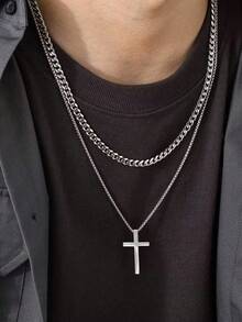 2pcs Cross Charm Necklace, Stainless Steel Jewelry - Multicolor - View 3