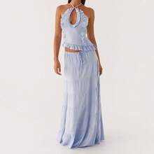 Y2k Ruffle Long Skirt Sets For Women 2 Piece Outfits Summer Ruched Backless Cami Top Matching Boho Maxi Skirt Set - 藍色-A - 查看 3