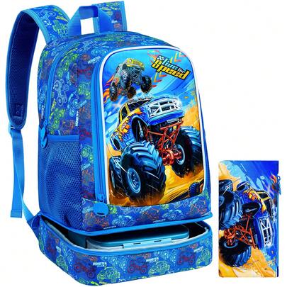 2-In-1 Truck Backpack Set, With Built-In Bottom Lunch Compartment, 17-Inch Waterproof Elementary School Kindergarten Kids Backpack, Easy To Carry!