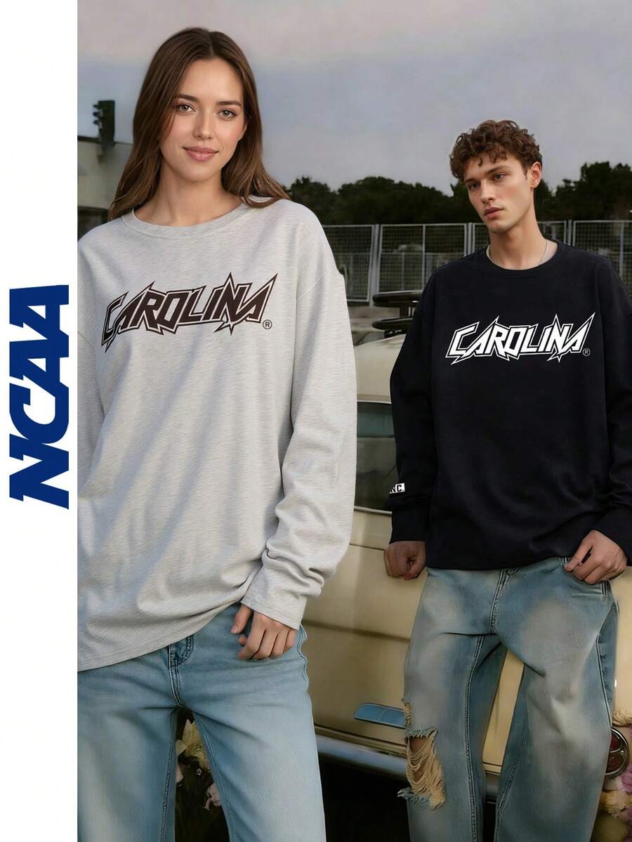 Tenues assorties pour couples, T-shirts à manches longues unisexes avec imprimés avant et arrière, style décontracté streetwear et universitaire, convenant aux jeunes et aux adultes, printemps, été, automne, cadeau pour petit ami, petite amie, mari, femme, anniversaire - Gris pâle - Voir 1