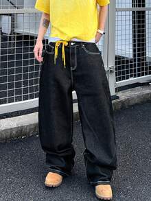 1 chiếc quần jeans nam ống rộng dáng suông thoải mái kiểu Mỹ cổ điển, thêu họa tiết (Sản phẩm không bao gồm thắt lưng và phụ kiện) - màu đen - Xem 2