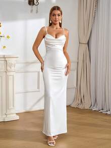 PARTHEA V-Neck Lace Patchwork Ruffle Fitted Women's Cocktail Party Dress (Zipper, Sexy) - White - View 4
