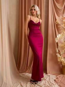 PARTHEA V-Neck Backless Cut Out Lace Spliced Ruched Bodycon Cami Women Cocktail Dresses (Zipper,Sexy) - Burgundy - View 1