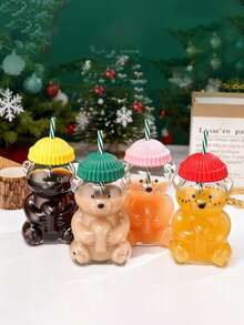 1pc Transparent Lid Glass Tumbler With Bear Pattern, Home/Office Use, Graduation/Father's Day Practical Gift - Multicolor - View 5