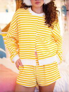 Women Y2K Striped 2 Piece Lounge Outfits Shorts Set Long Sleeve Button Down Cardigan Jacket And Wide Leg Boxers Shorts Fall Spring Two Piece Pjs Matching Outfits Sleepwear Loungwear - 黃色 - 查看 1