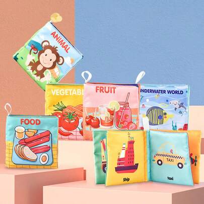Libro de tela para bebé con temas de dibujos animados interesantes, que incluyen verduras, animales, alimentos submarinos, frutas, transporte, diseño colgante para atraer la atención del bebé
