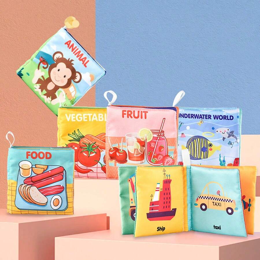 Libro de tela para bebé con temas de dibujos animados interesantes, que incluyen verduras, animales, alimentos submarinos, frutas, transporte, diseño colgante para atraer la atención del bebé - Multicolor - Ver 1