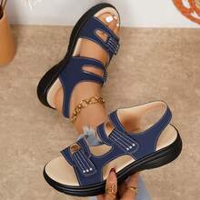 Lightweight Thick-Sole Open-Toe Sandals, Adjustable Hook And Loop Women Casual Beach Shoes - Blue - View 2