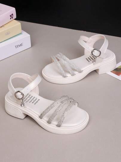 1 Pair Girls' High Heel Sandals, Rhinestone Decor Open Toe Buckle Design, Fashionable & Versatile