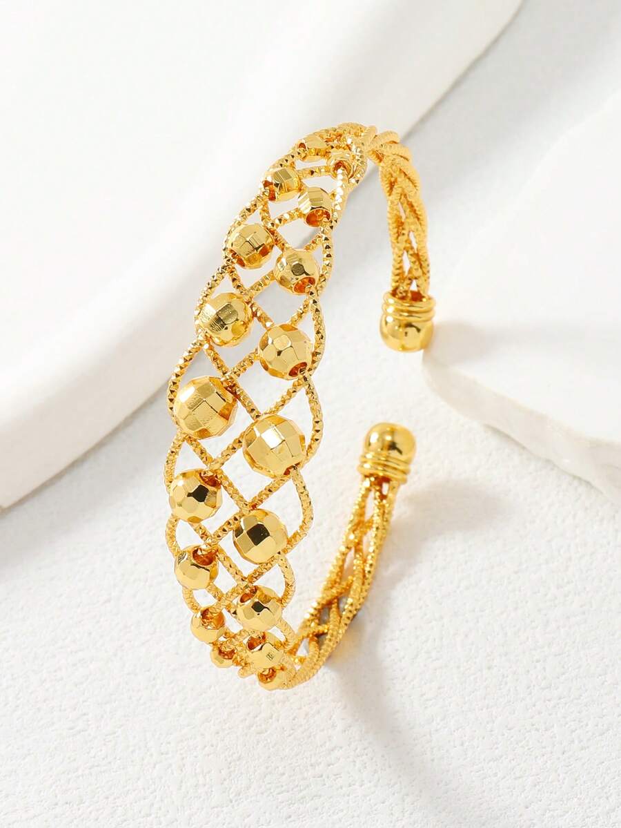 1 pieza Brazalete de rejilla hueca chapado en oro de 24K con cuentas, mejor regalo para familiares y amigos durante el Ramadán - Amarillo Oro - Ver 1