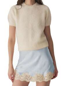 2026 Women Lace Trim Silk Mini Skirt Lacy Satin A Line Half Silp Short Skirt Cute High Waist Underskirt - Màu xanh ngọc - Xem 5