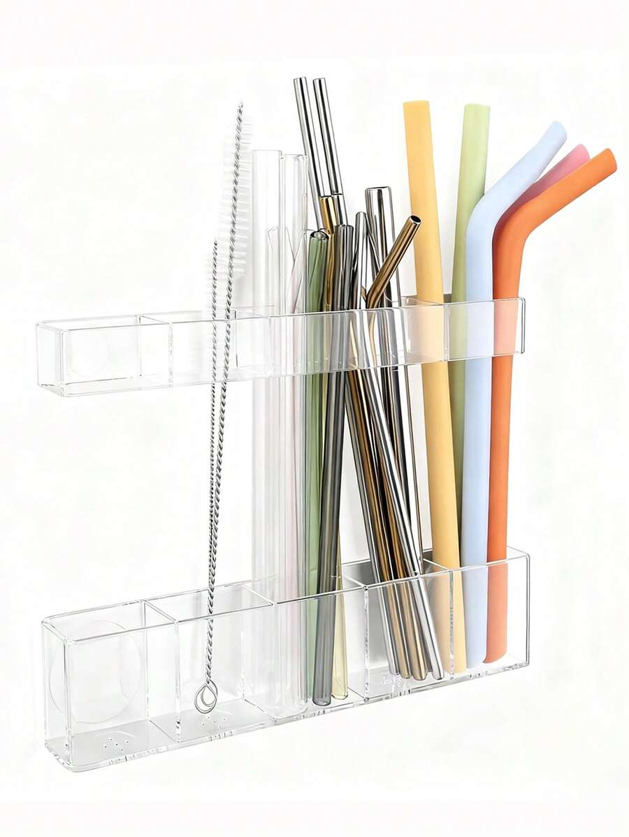 2pcs Adjustable Acrylic Straw Holder, Space-Saving Reusable Straw Storage Box Suitable For Cabinet Door